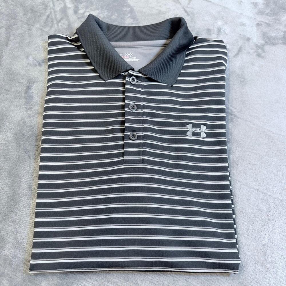 Under Armour HeatGear Men Polo Shirt Sz L Grey Black Striped Golf Tech Sportwear